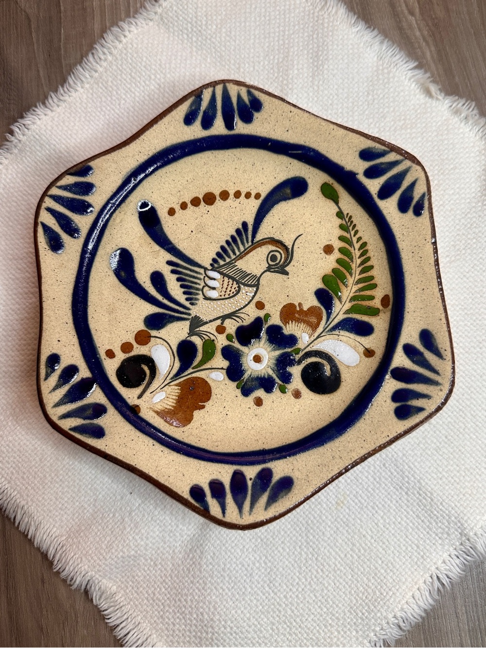 Mexican Tonala Style Pottery Bird Floral Plate Hand Painted Folk Art